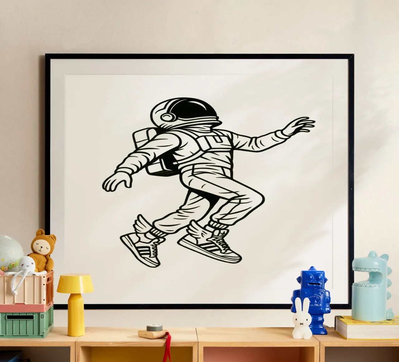 Space Kicks: Winged Astronaut Flight poster con telaio in alluminio da BadrBrand