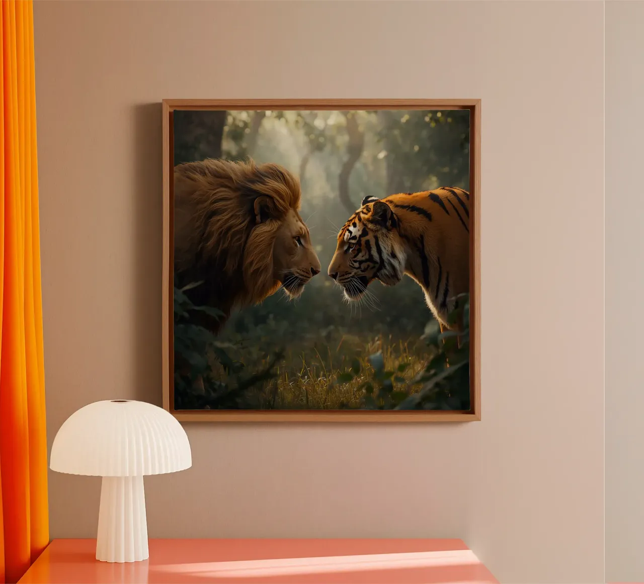 Leone e tigre si affrontano tela con Cornice a cassetta da DesignDoodle