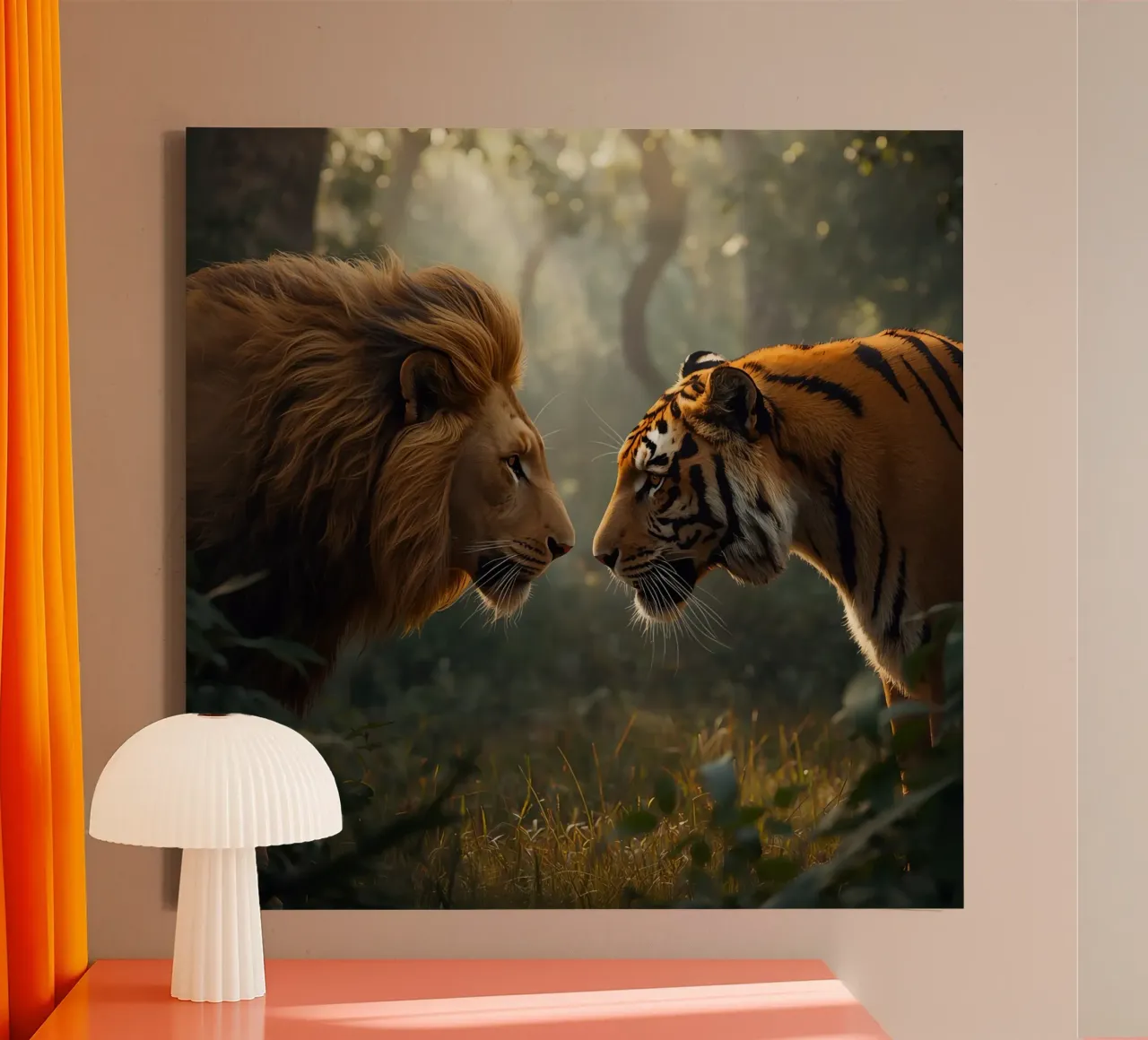 Leone e tigre si affrontano tela con Cornice a cassetta da DesignDoodle