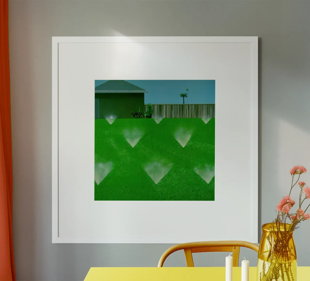 1967 L'aspersione del prato poster con telaio in legno da Glen Stephens