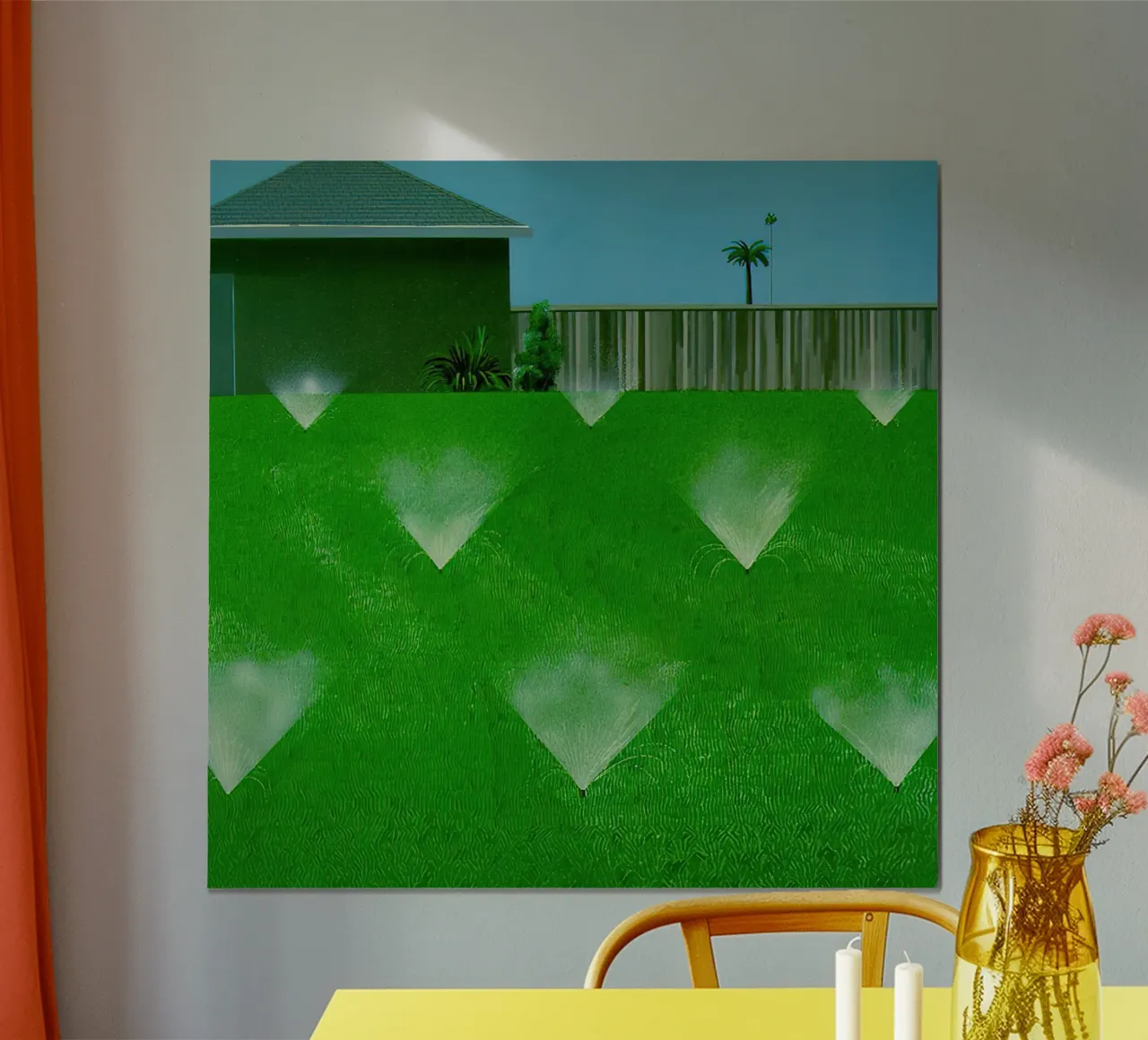 1967 L'aspersione del prato poster con telaio in legno da Glen Stephens