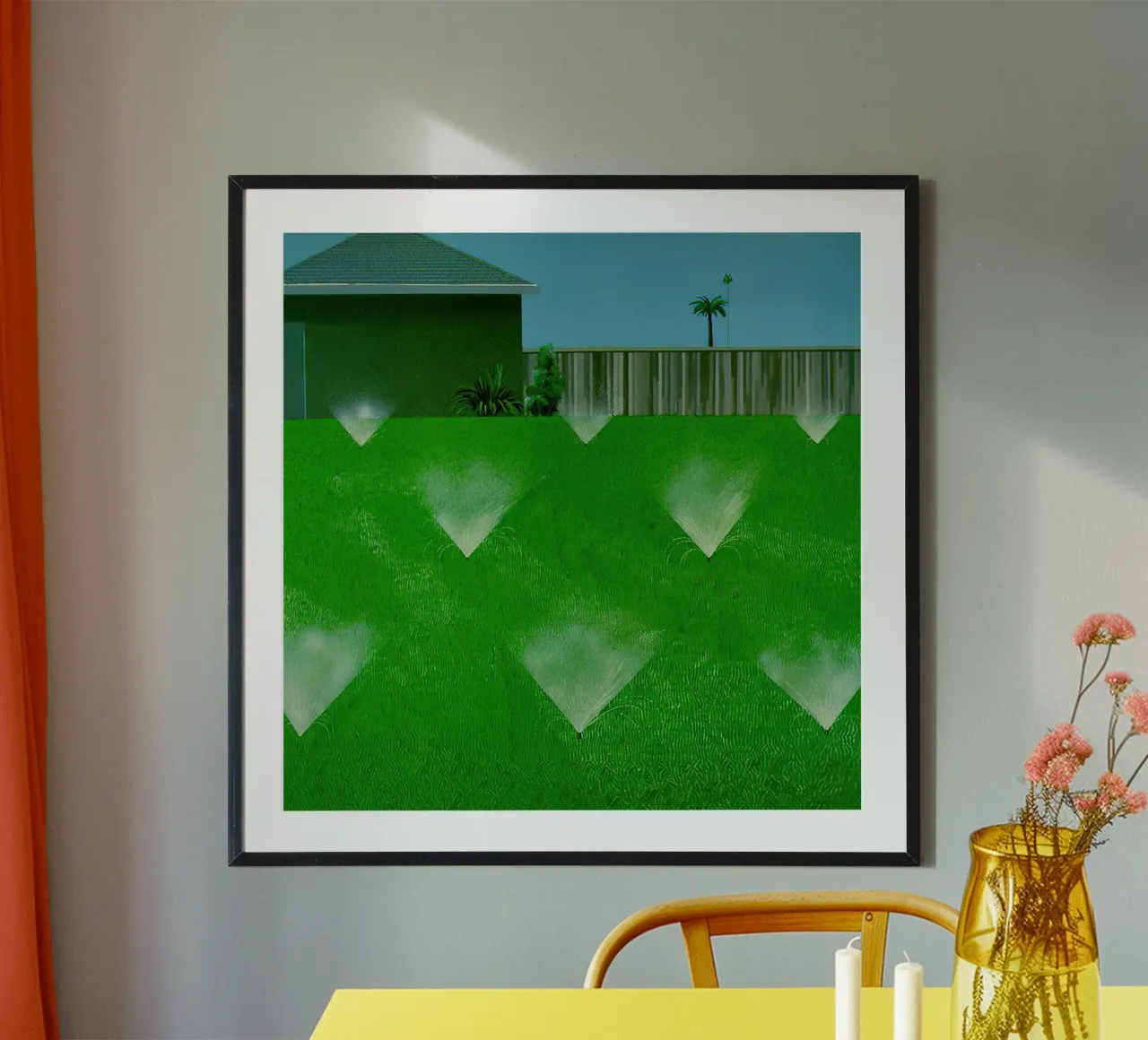 1967 L'aspersione del prato poster con telaio in legno da Glen Stephens