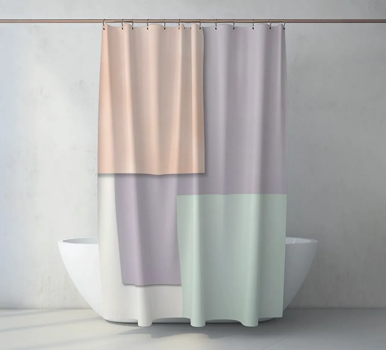 Overlapping Rectangular Paper Sheets Peach Lavender Green shower curtain by DesignDoodle