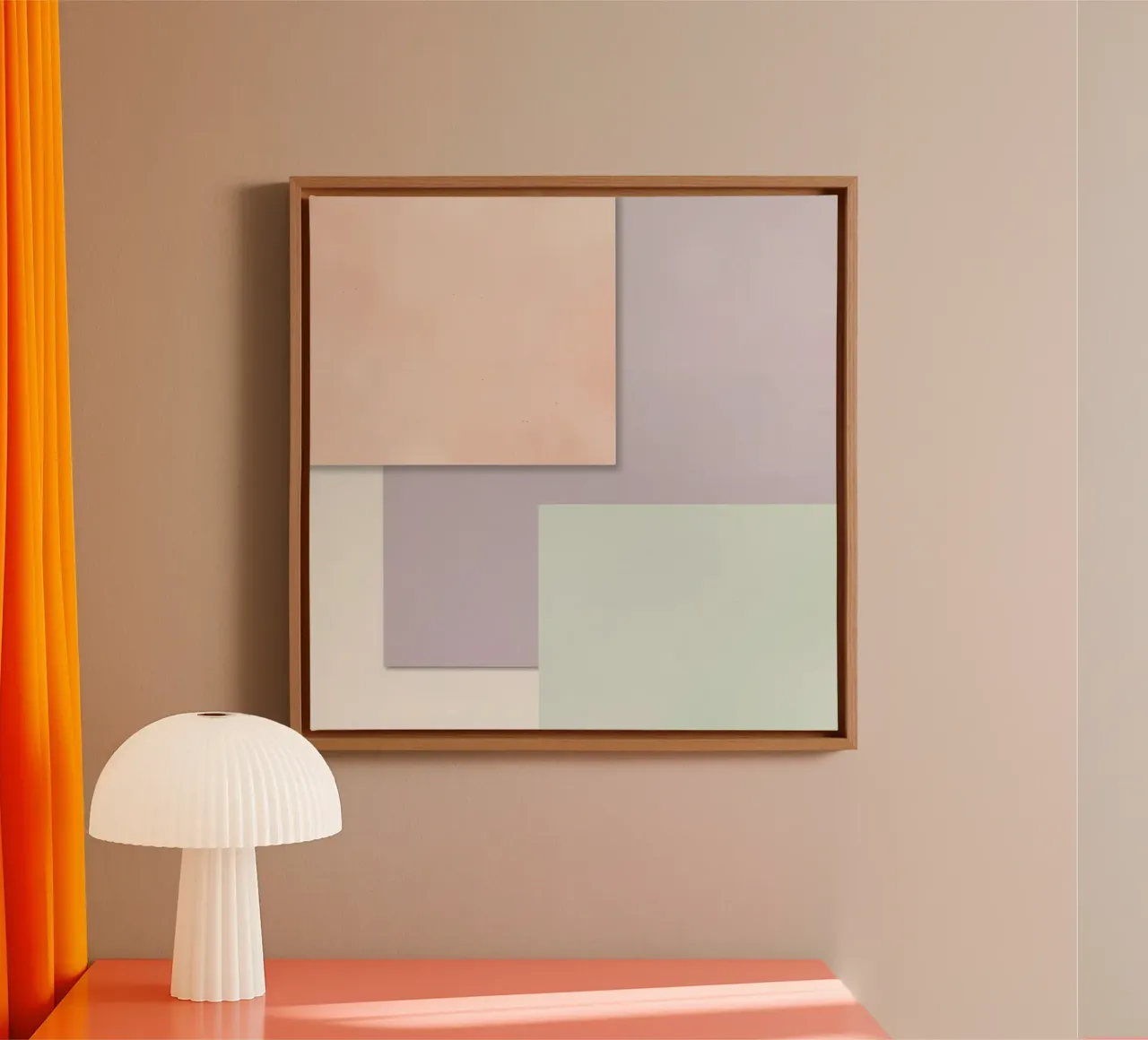 Overlapping Rectangular Paper Sheets Peach Lavender Green canvas with Floater frame by DesignDoodle