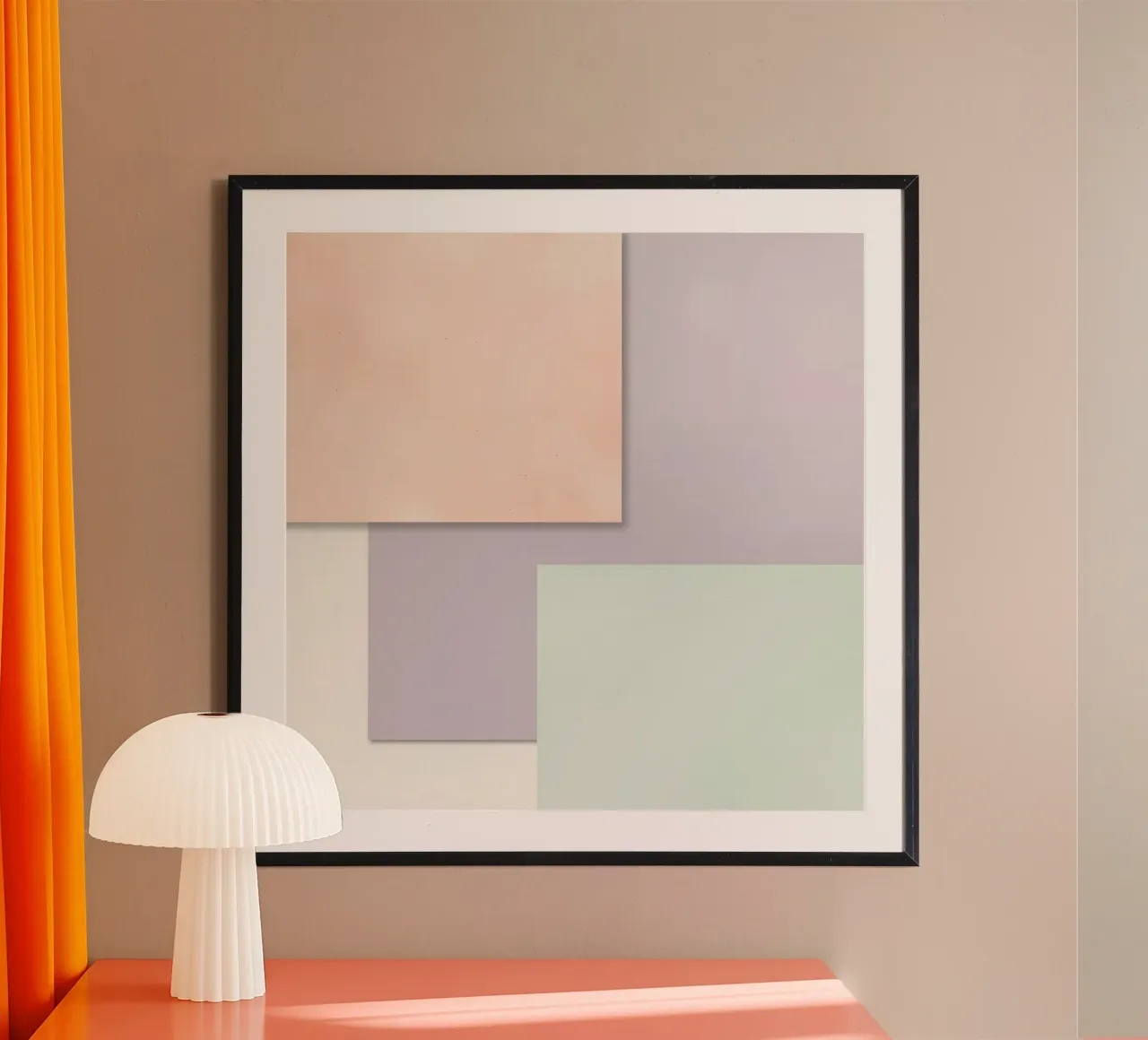 Overlapping Rectangular Paper Sheets Peach Lavender Green poster with plastic frame by DesignDoodle