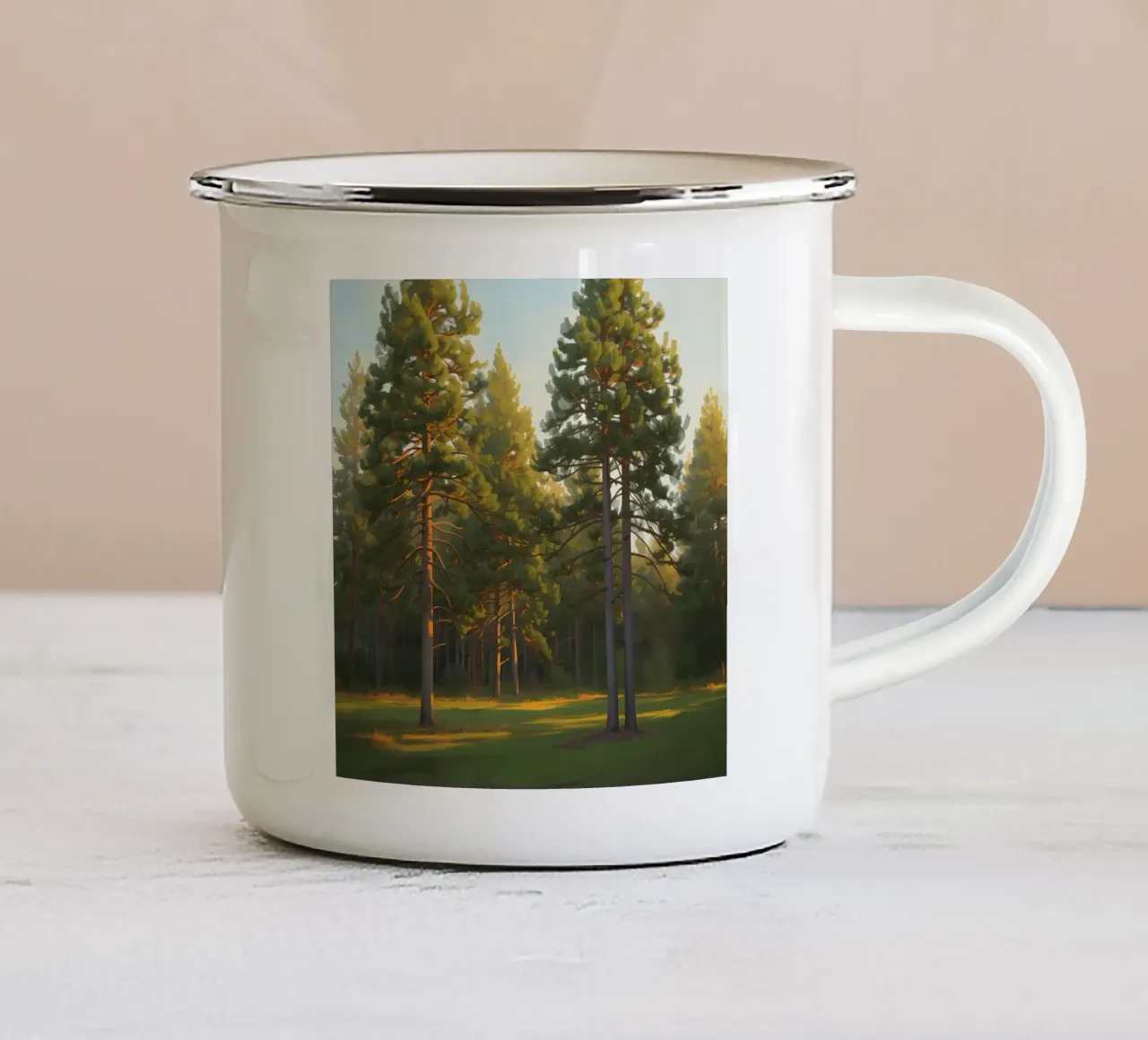 Dennenbomen in open bos met zonlicht emaille mok van DesignDoodle