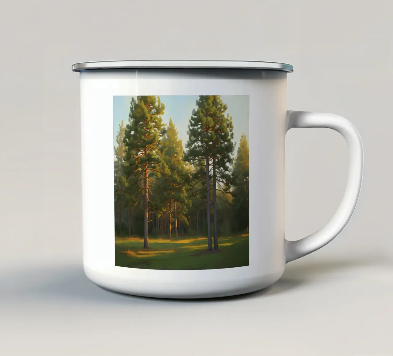 Dennenbomen in open bos met zonlicht emaille mok van DesignDoodle