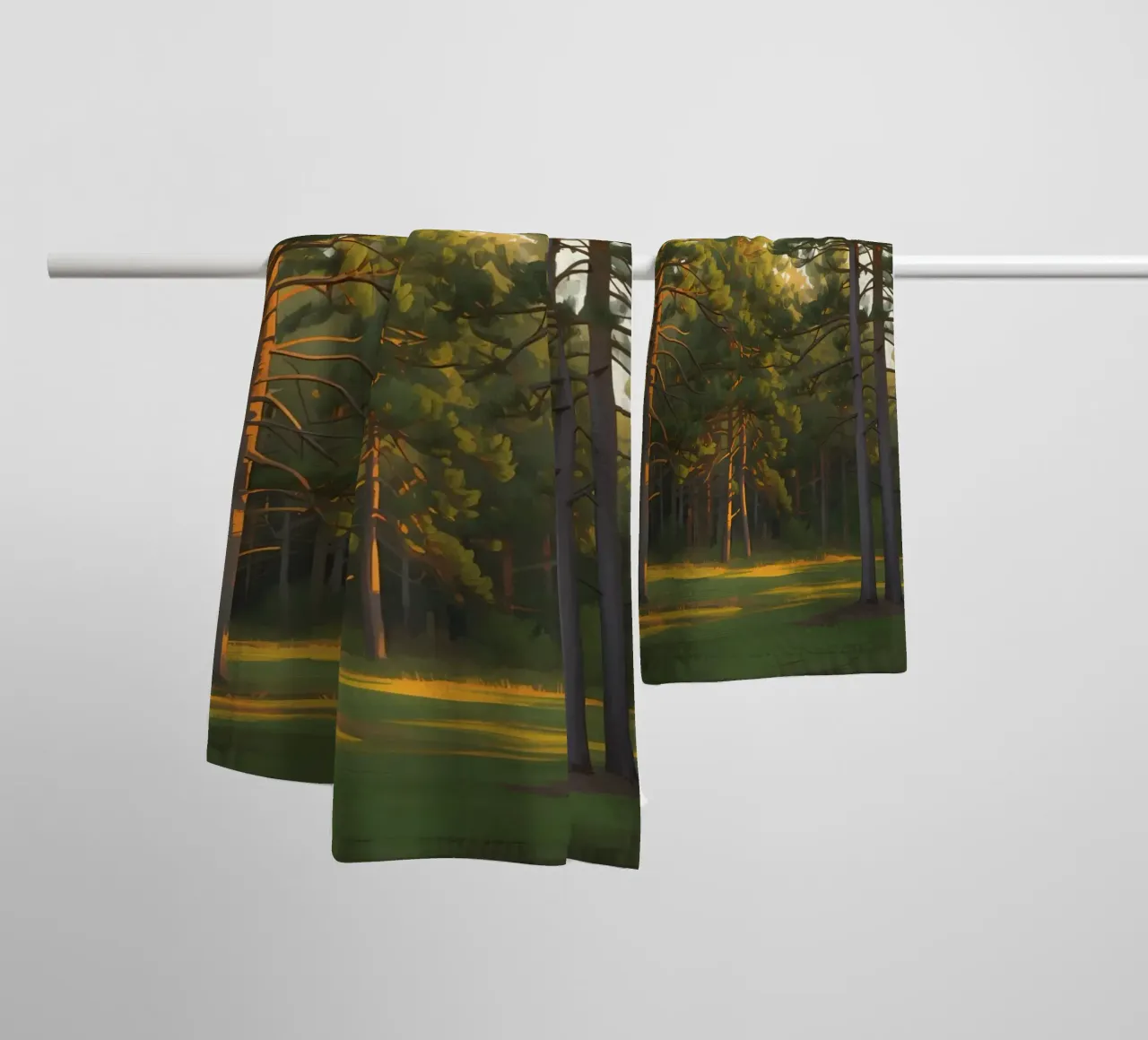 Pine Trees in Forest Clearing with Sunlight towel by DesignDoodle