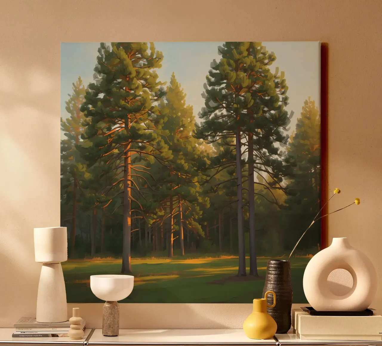 Pine Trees in Forest Clearing with Sunlight canvas with Floater frame by DesignDoodle
