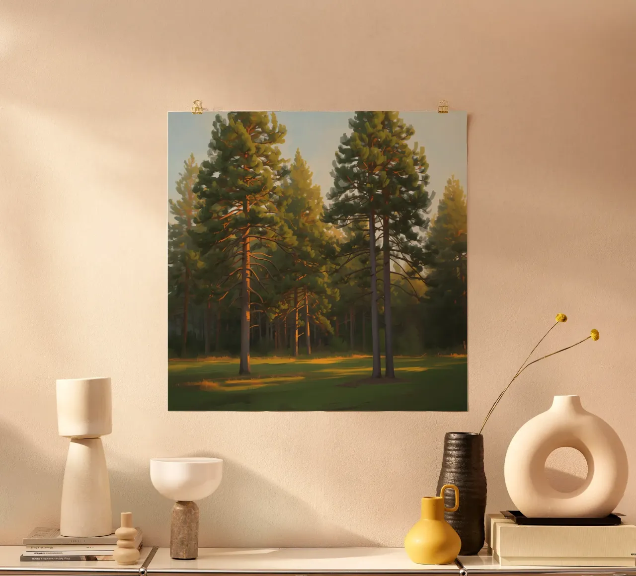 Pine Trees in Forest Clearing with Sunlight poster by DesignDoodle