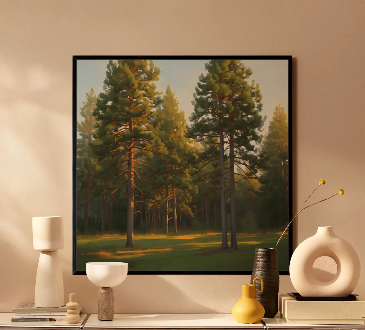 Pine Trees in Forest Clearing with Sunlight poster by DesignDoodle