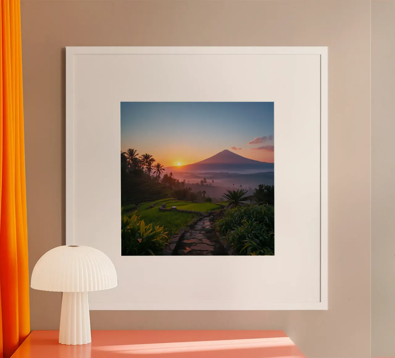 Terrazze di riso e montagna all'alba poster con telaio in legno da DesignDoodle