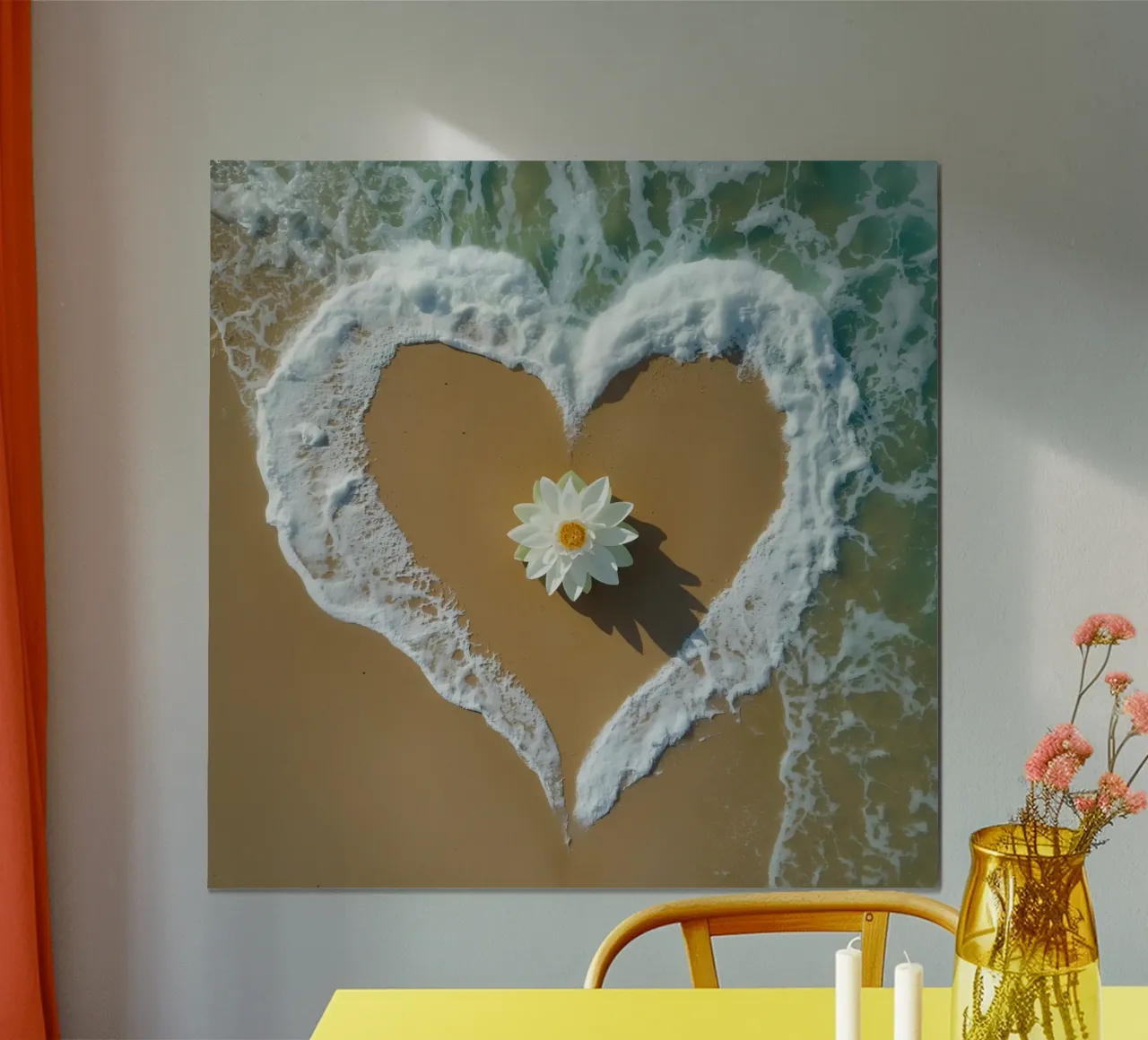 Cuore di sabbia Contorno di schiuma di mare e fiore di loto poster con telaio in plastica da DesignDoodle