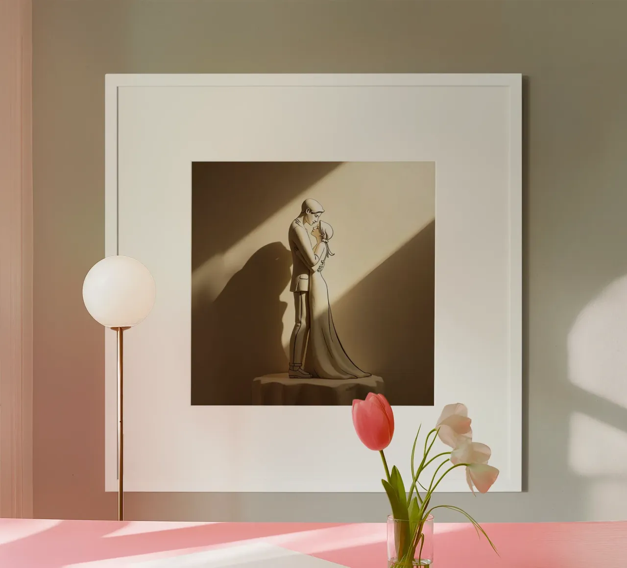 Statuetta di sposo e sposa stilizzata su tavolo poster con telaio in plastica da DesignDoodle