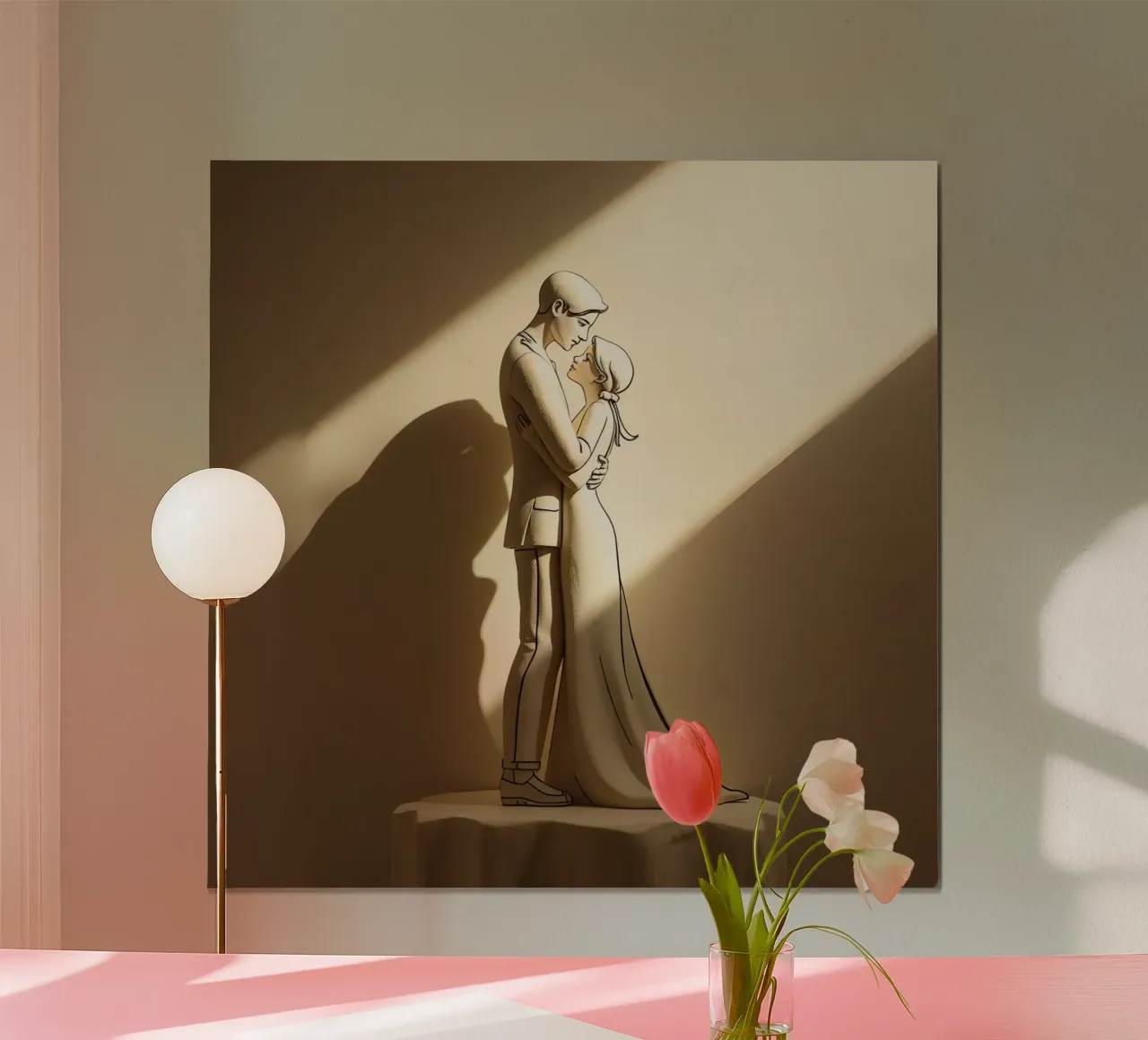 Statuetta di sposo e sposa stilizzata su tavolo poster con telaio in plastica da DesignDoodle