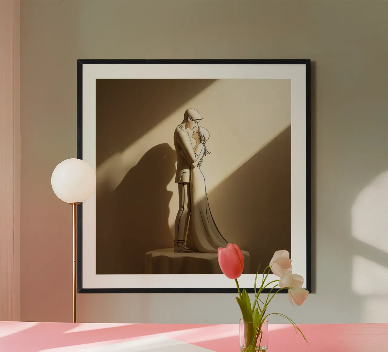 Statuetta di sposo e sposa stilizzata su tavolo poster con telaio in plastica da DesignDoodle