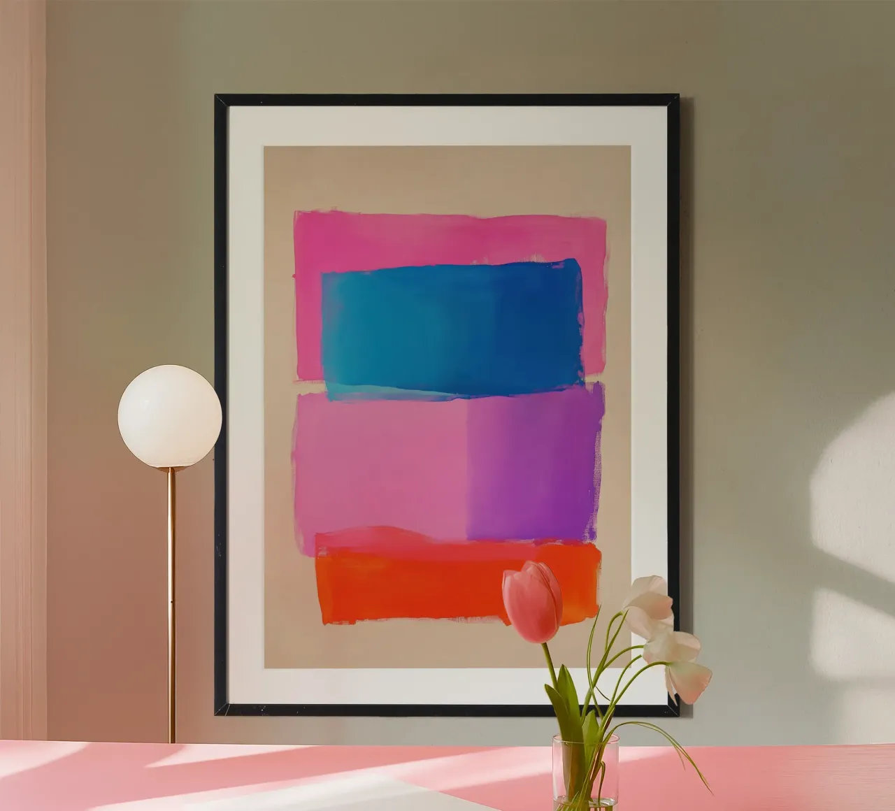 Quadrati colorati su bianco poster con telaio in legno da Euphoria Theresa