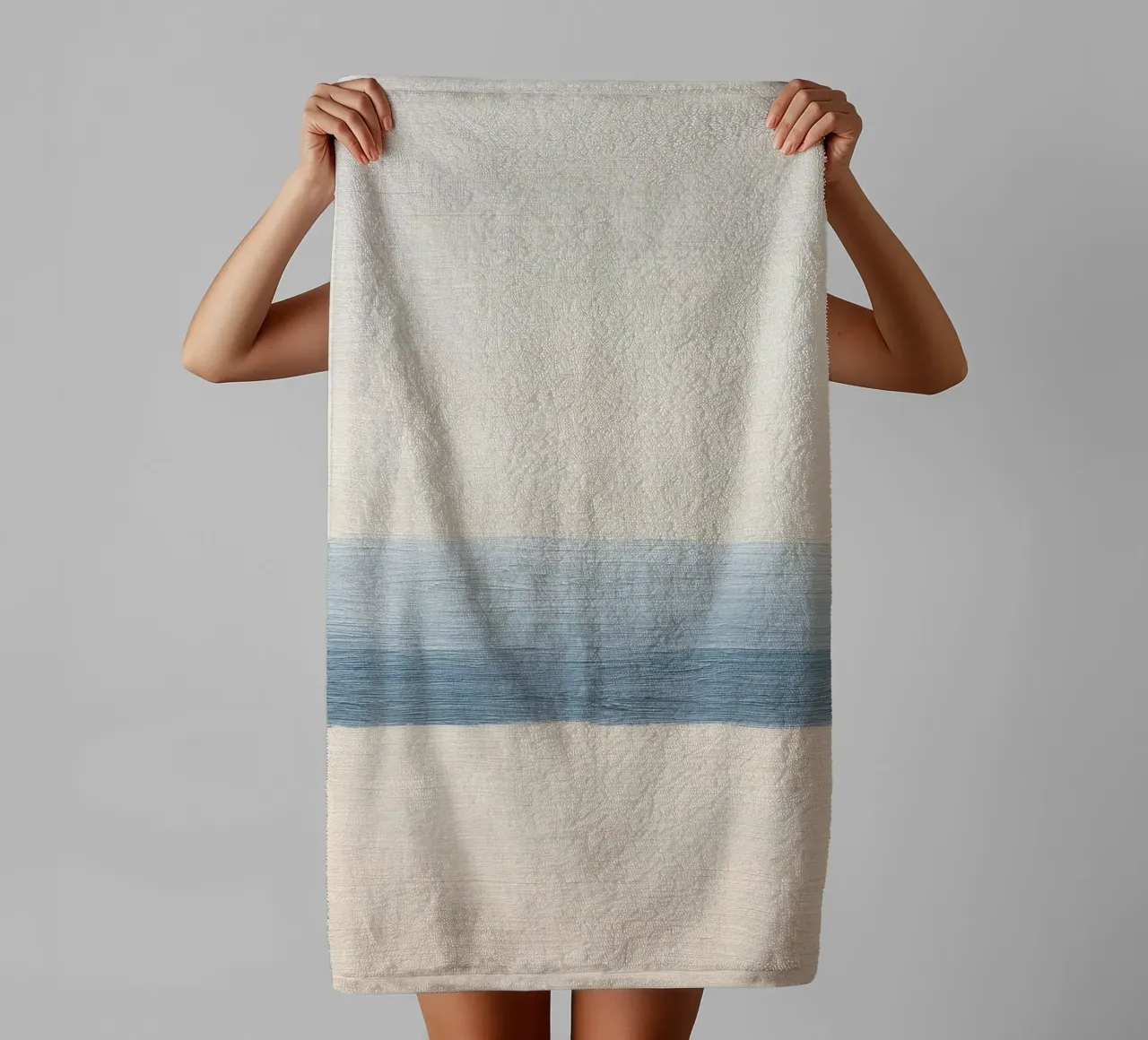 Minimalist ocean image in beige & blue towel by Euphoria Theresa