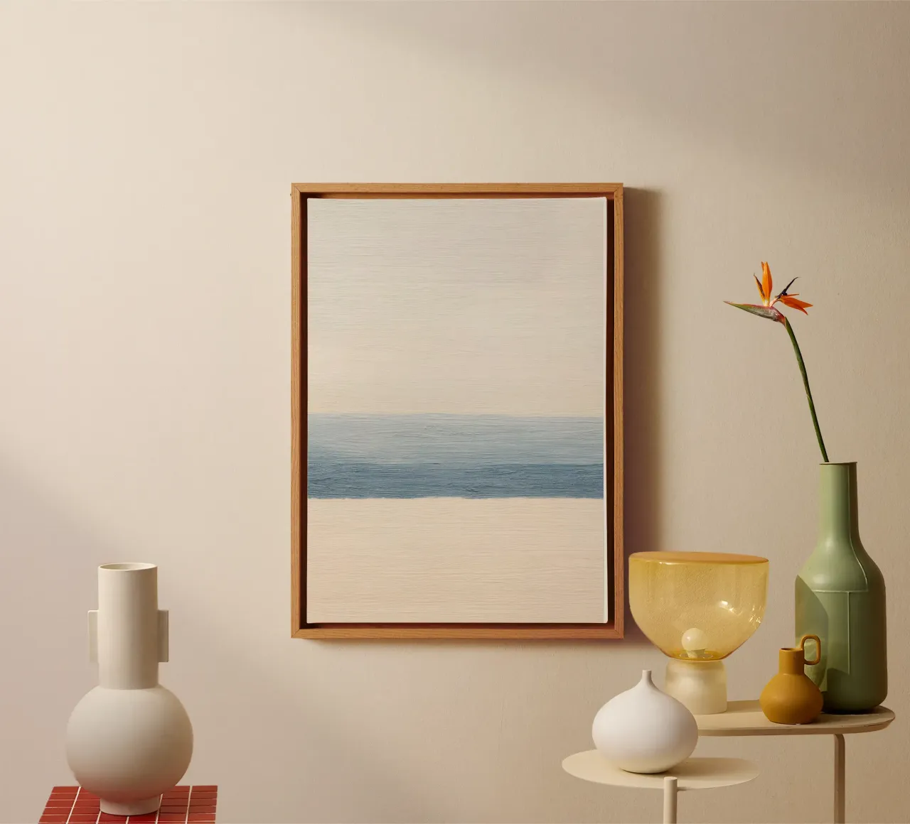 Minimalist ocean image in beige & blue canvas with Floater frame by Euphoria Theresa