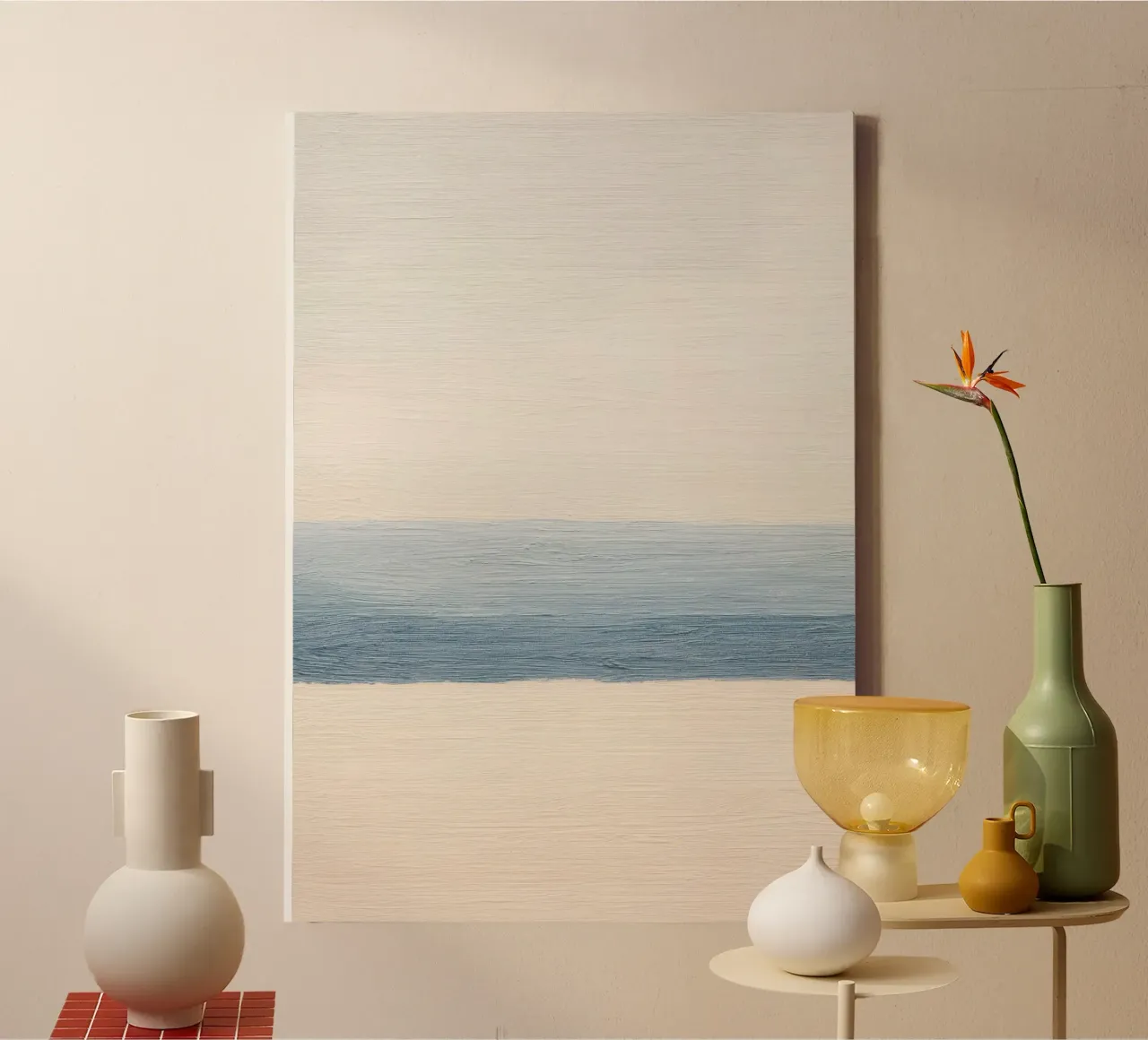 Minimalist ocean image in beige & blue canvas with Floater frame by Euphoria Theresa