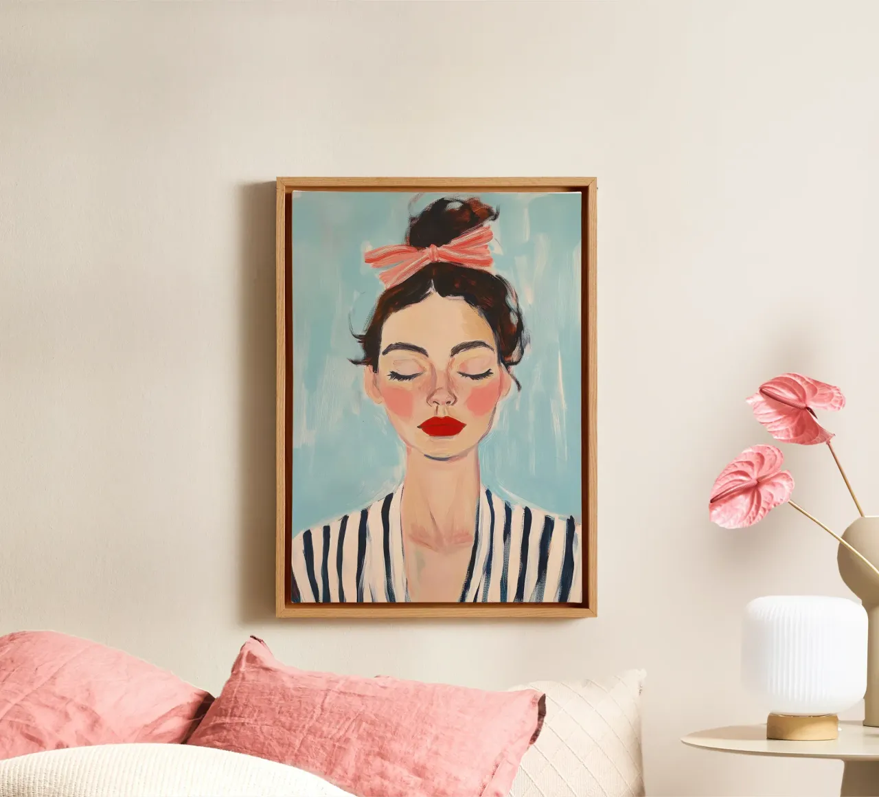 Modern portrait with pink bow canvas with Floater frame by Euphoria Theresa