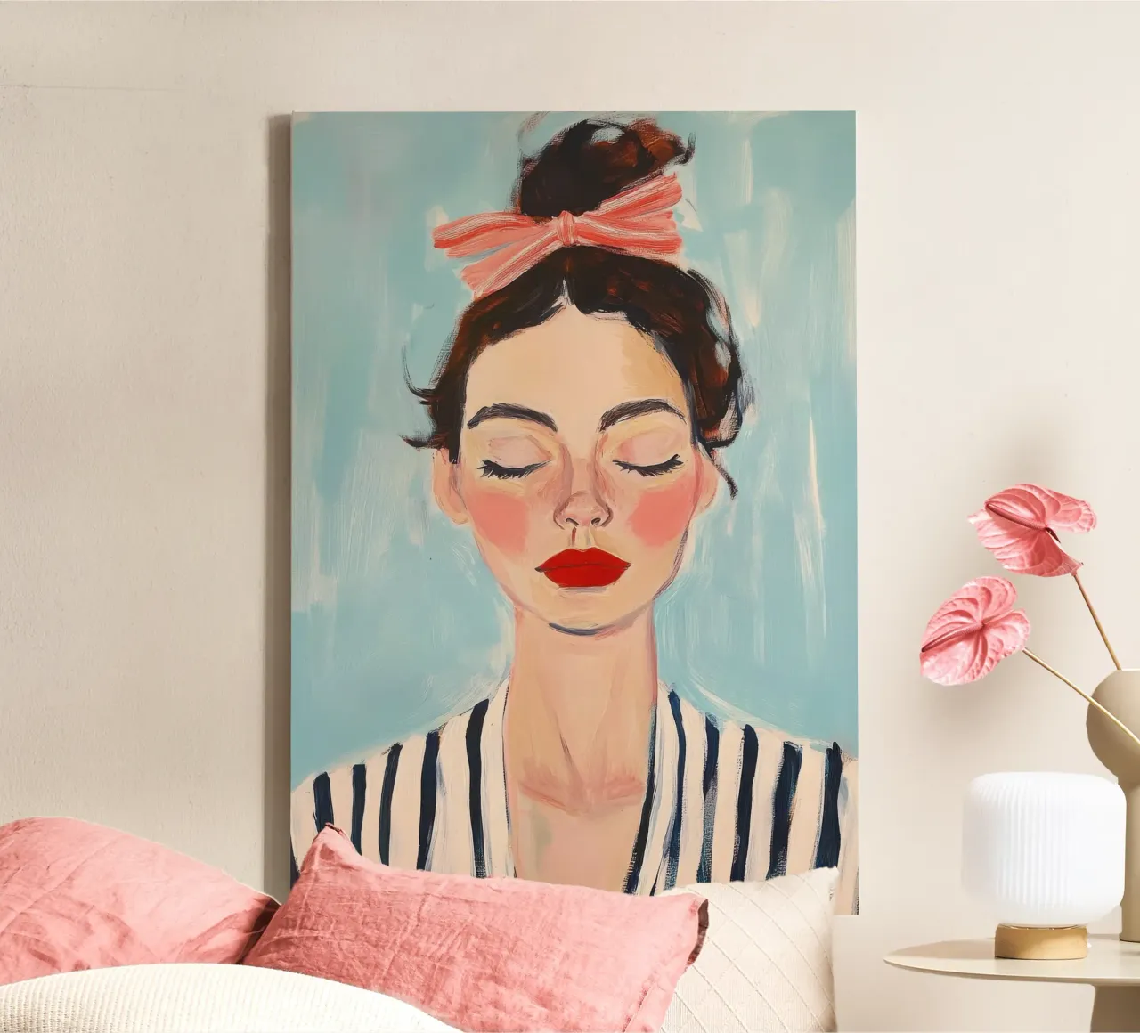 Modern portrait with pink bow canvas with Floater frame by Euphoria Theresa