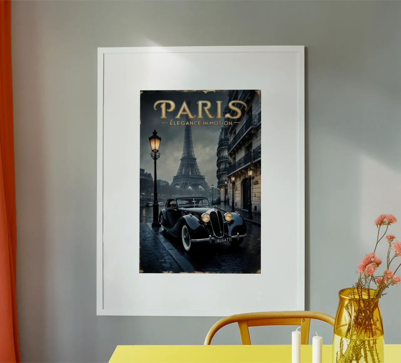 Fascino parigino nostalgico Auto d'epoca e Torre Eiffel poster con telaio in alluminio da Melissa