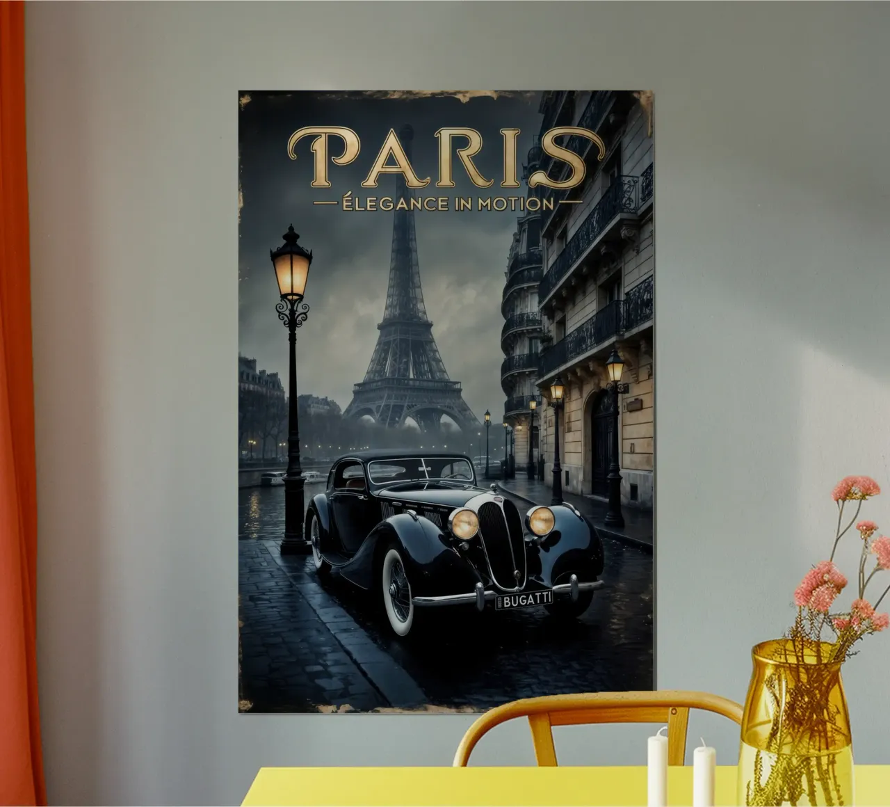 Fascino parigino nostalgico Auto d'epoca e Torre Eiffel poster con telaio in alluminio da Melissa