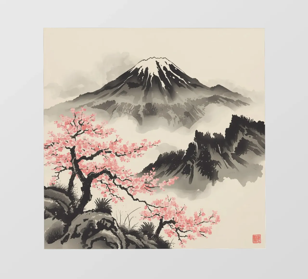 Pittura ad acquerello del Monte Fuji e dei ciliegi in fiore pellicola backlit da DesignDoodle
