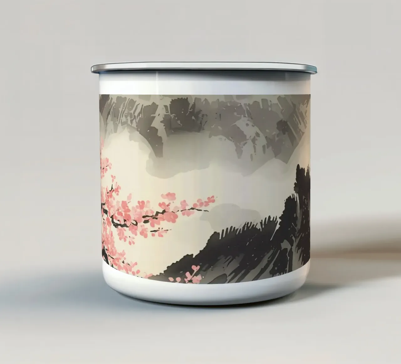 Pittura ad acquerello del Monte Fuji e dei ciliegi in fiore tazza in smalto da DesignDoodle