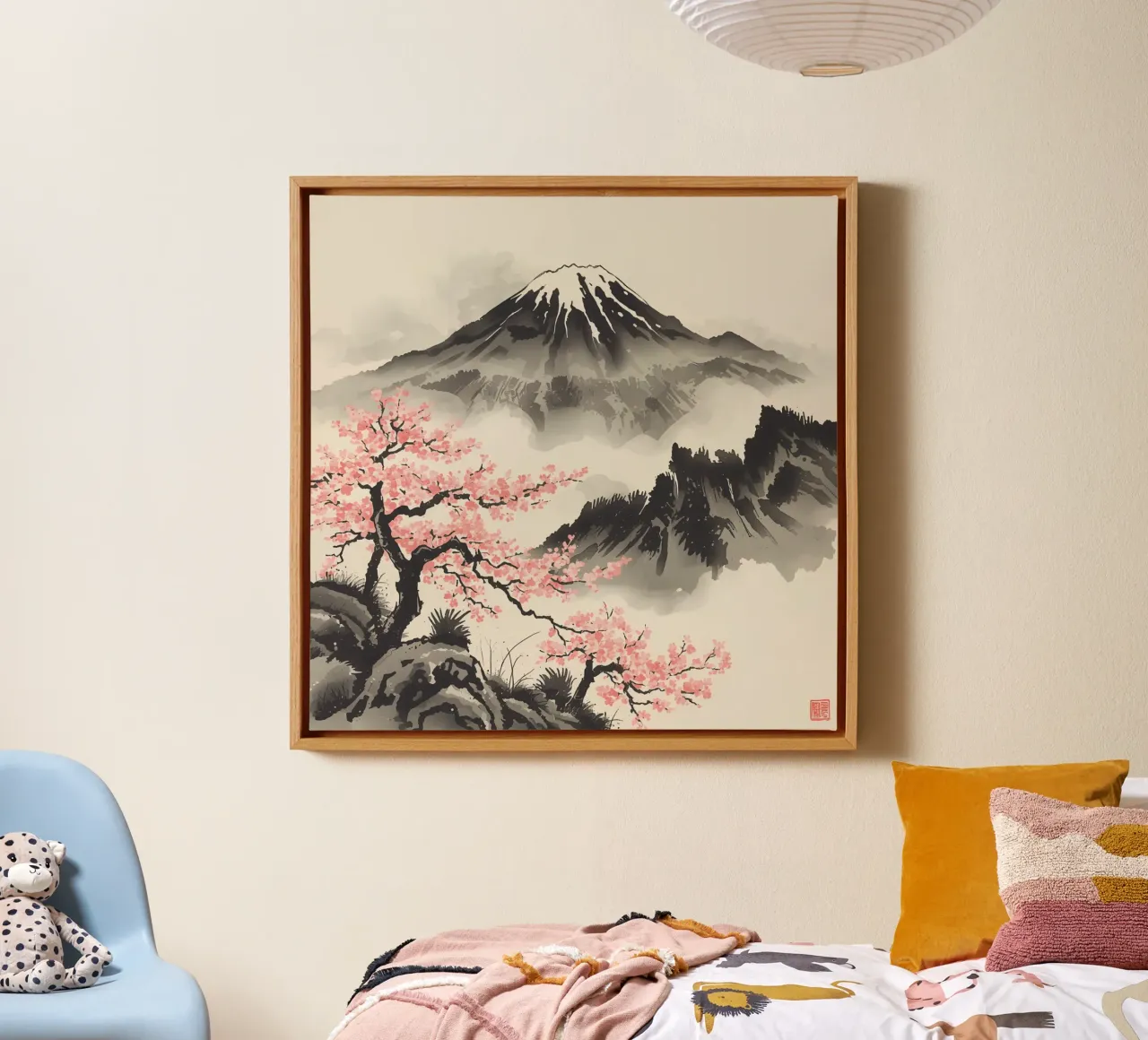 Pittura ad acquerello del Monte Fuji e dei ciliegi in fiore tela con Cornice a cassetta da DesignDoodle