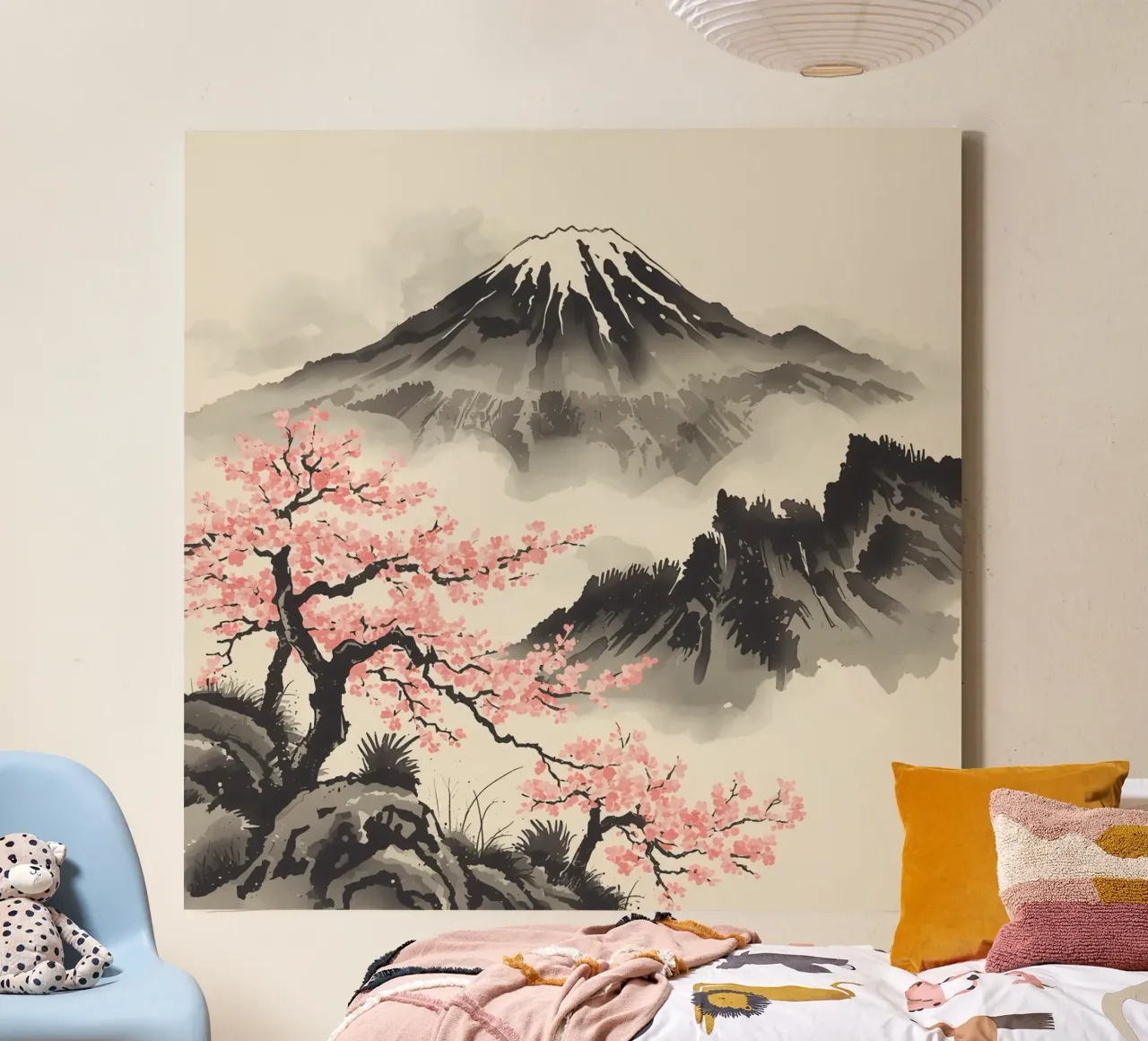 Pittura ad acquerello del Monte Fuji e dei ciliegi in fiore tela con Cornice a cassetta da DesignDoodle