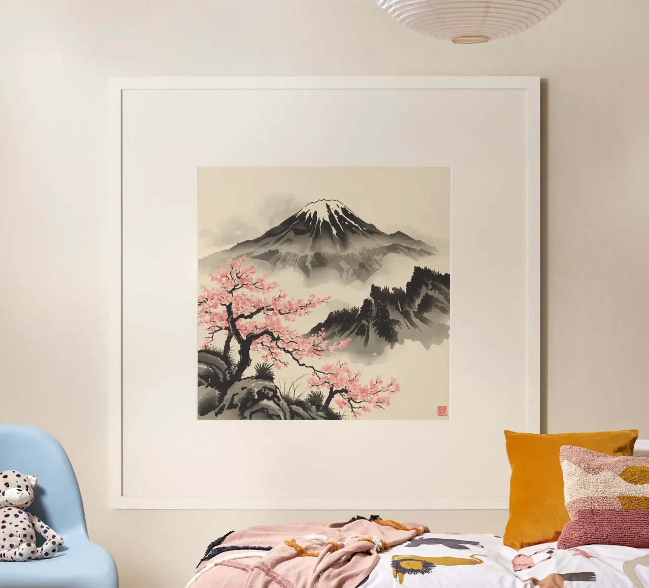 Pittura ad acquerello del Monte Fuji e dei ciliegi in fiore poster con telaio in legno da DesignDoodle
