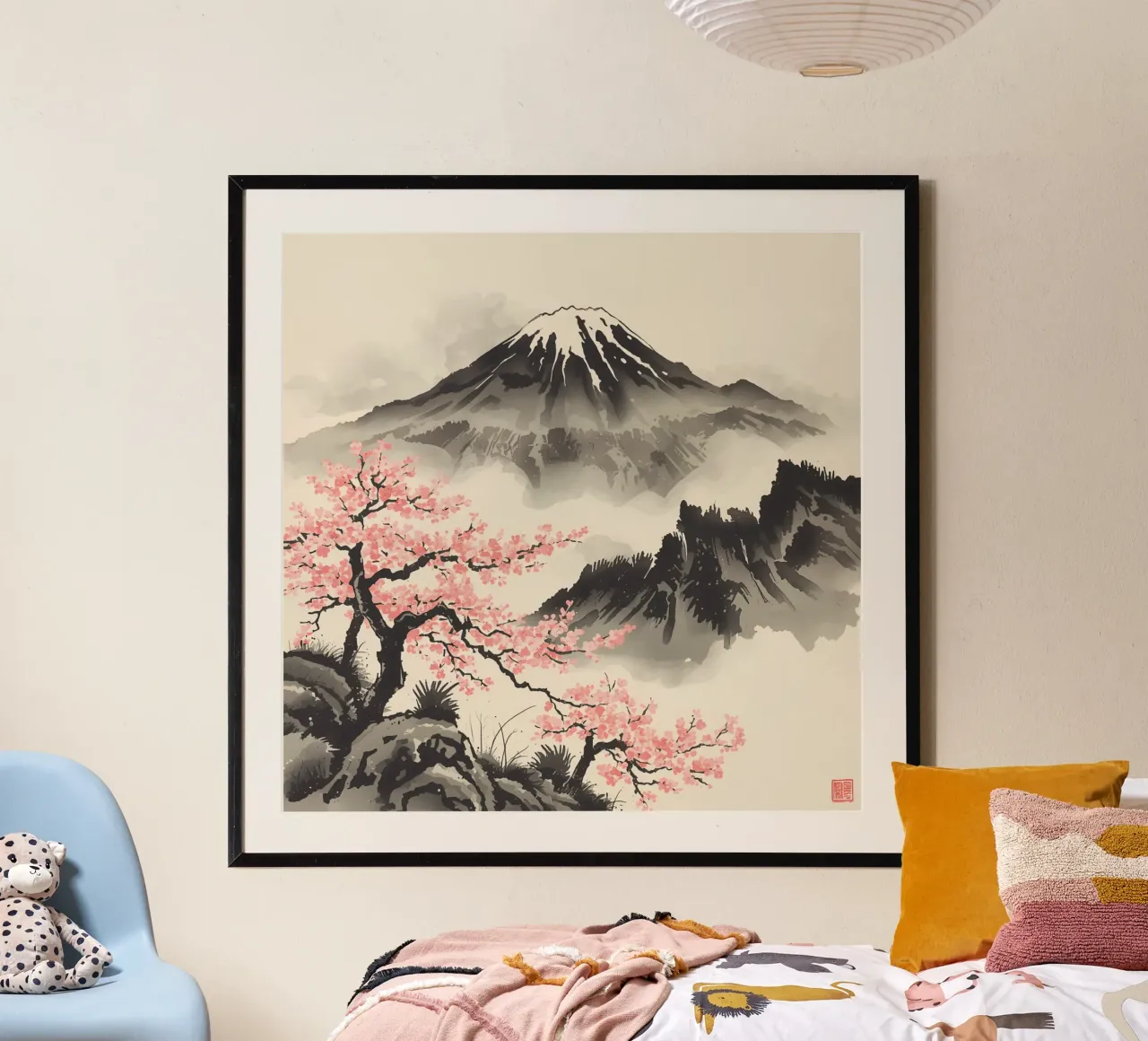 Pittura ad acquerello del Monte Fuji e dei ciliegi in fiore poster con telaio in legno da DesignDoodle