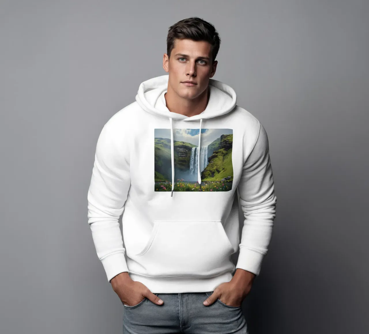 Cascata tra verdi colline con fiori selvatici felpa con cappuccio da DesignDoodle