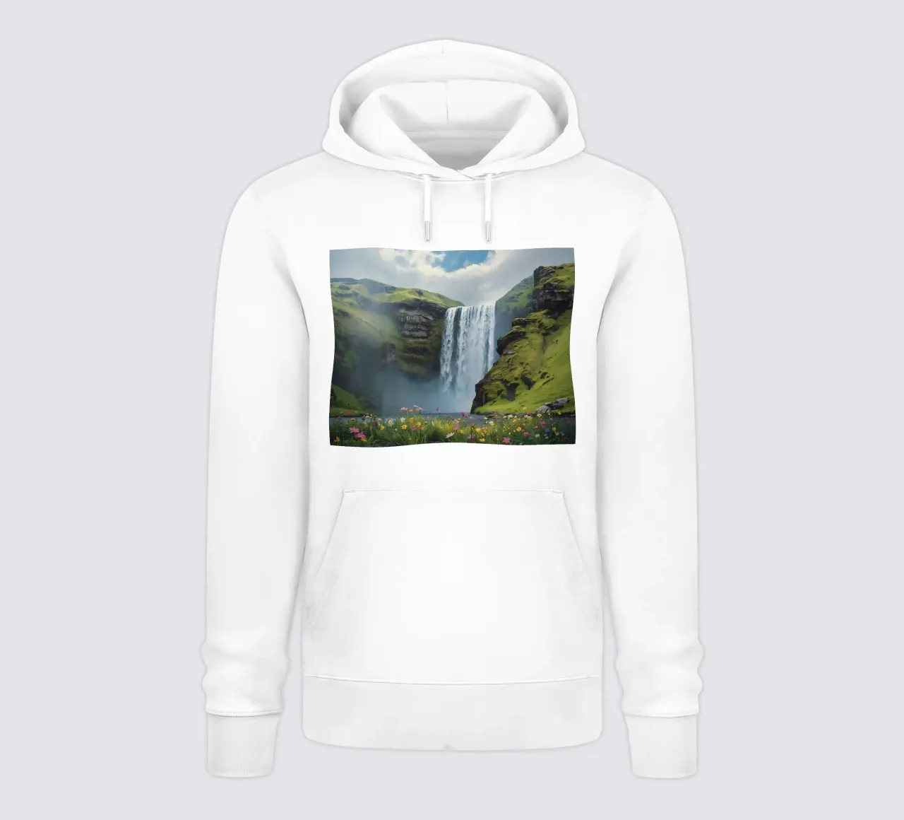 Cascata tra verdi colline con fiori selvatici felpa con cappuccio da DesignDoodle