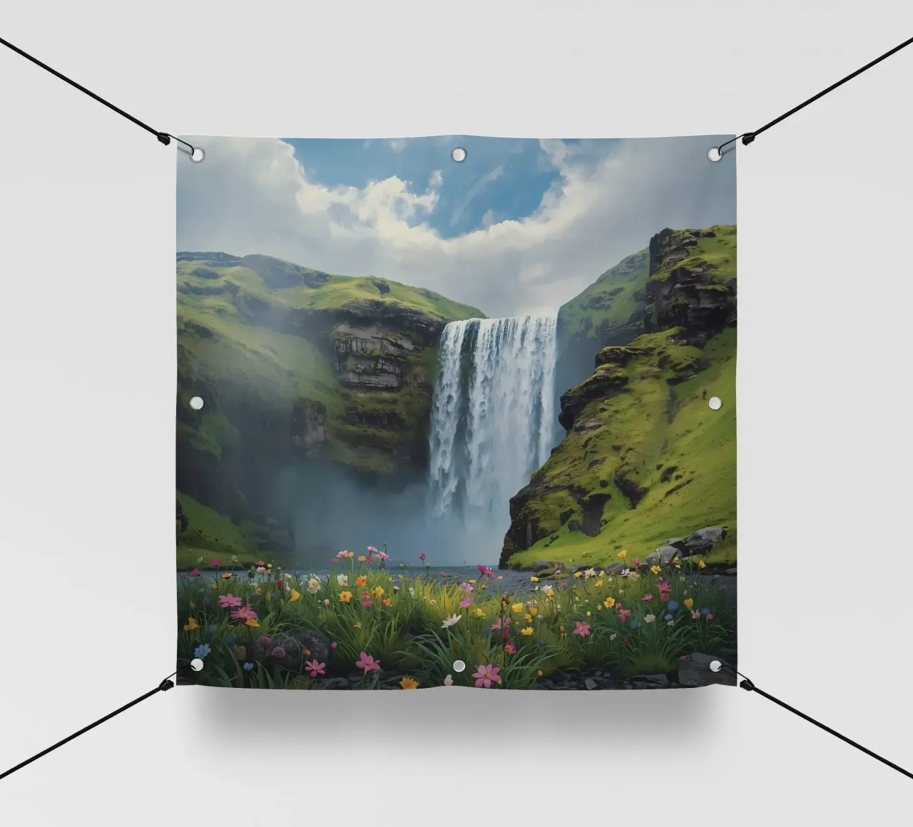 Cascata tra verdi colline con fiori selvatici telo in pvc da DesignDoodle