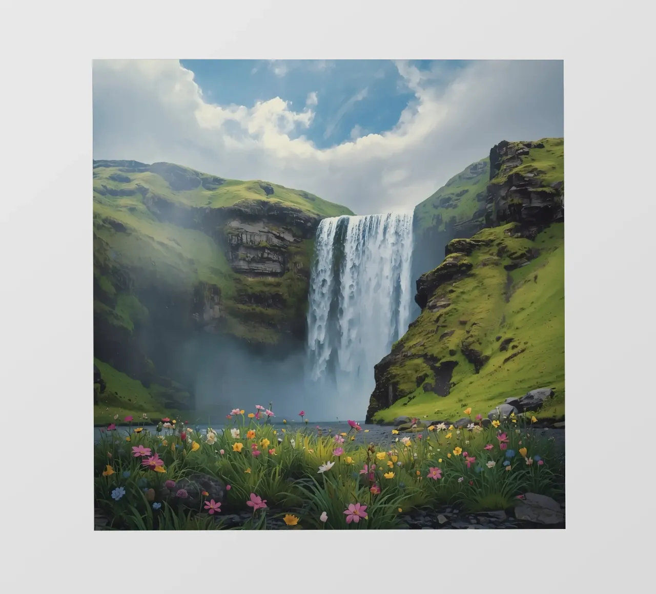Cascata tra verdi colline con fiori selvatici telo in pvc da DesignDoodle