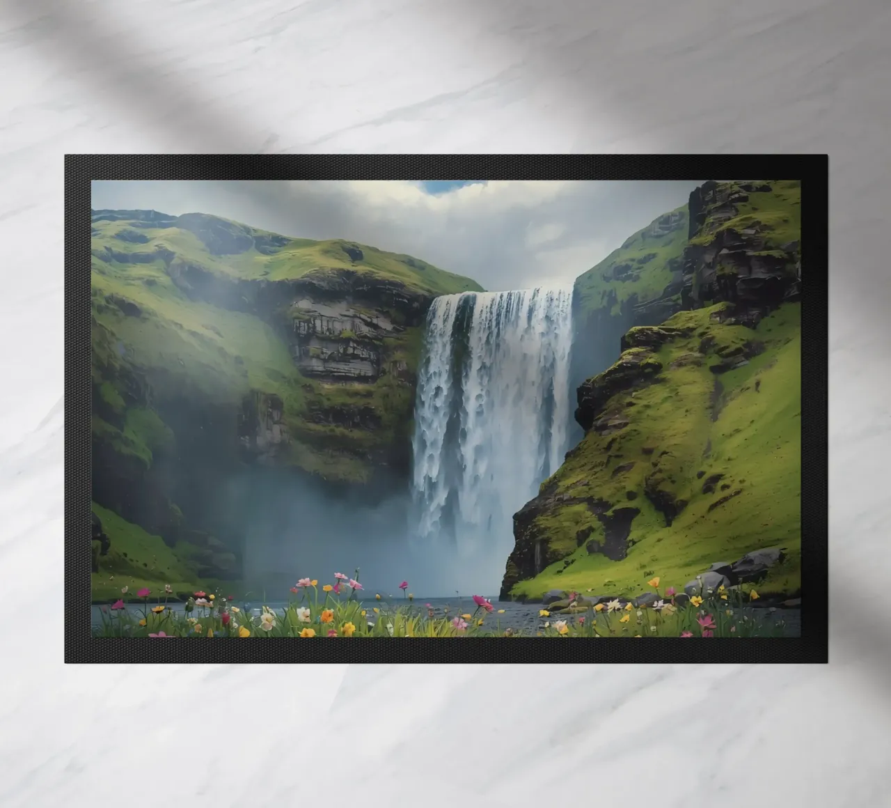 Cascata tra verdi colline con fiori selvatici zerbino da DesignDoodle