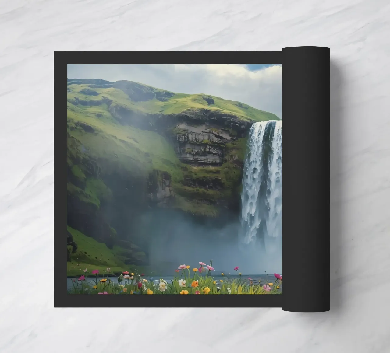 Cascata tra verdi colline con fiori selvatici zerbino da DesignDoodle