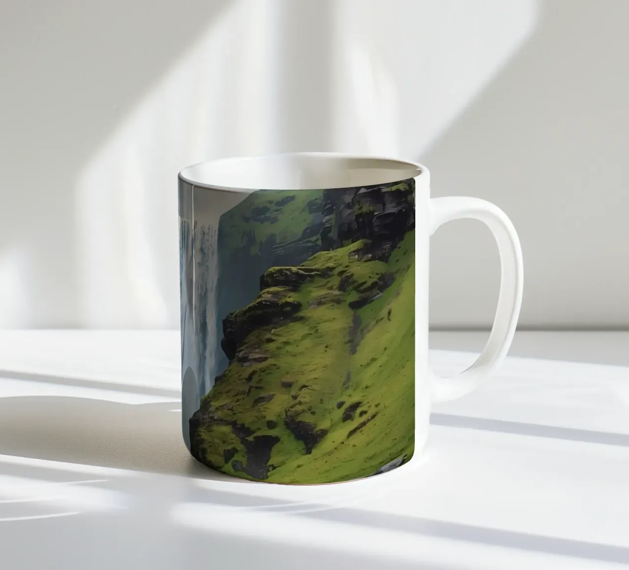 Cascata tra verdi colline con fiori selvatici tazza in ceramica da DesignDoodle