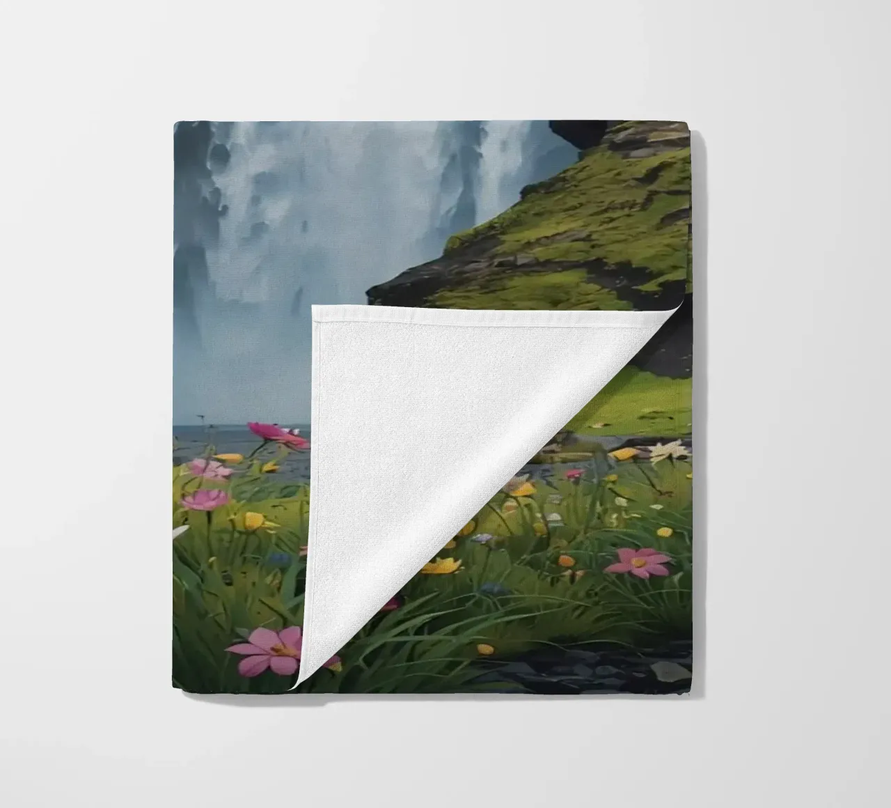 Cascata tra verdi colline con fiori selvatici telo mare da DesignDoodle