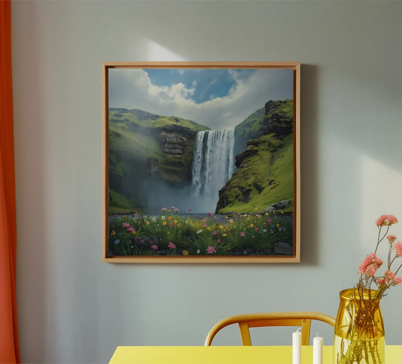Cascata tra verdi colline con fiori selvatici tela con Cornice a cassetta da DesignDoodle