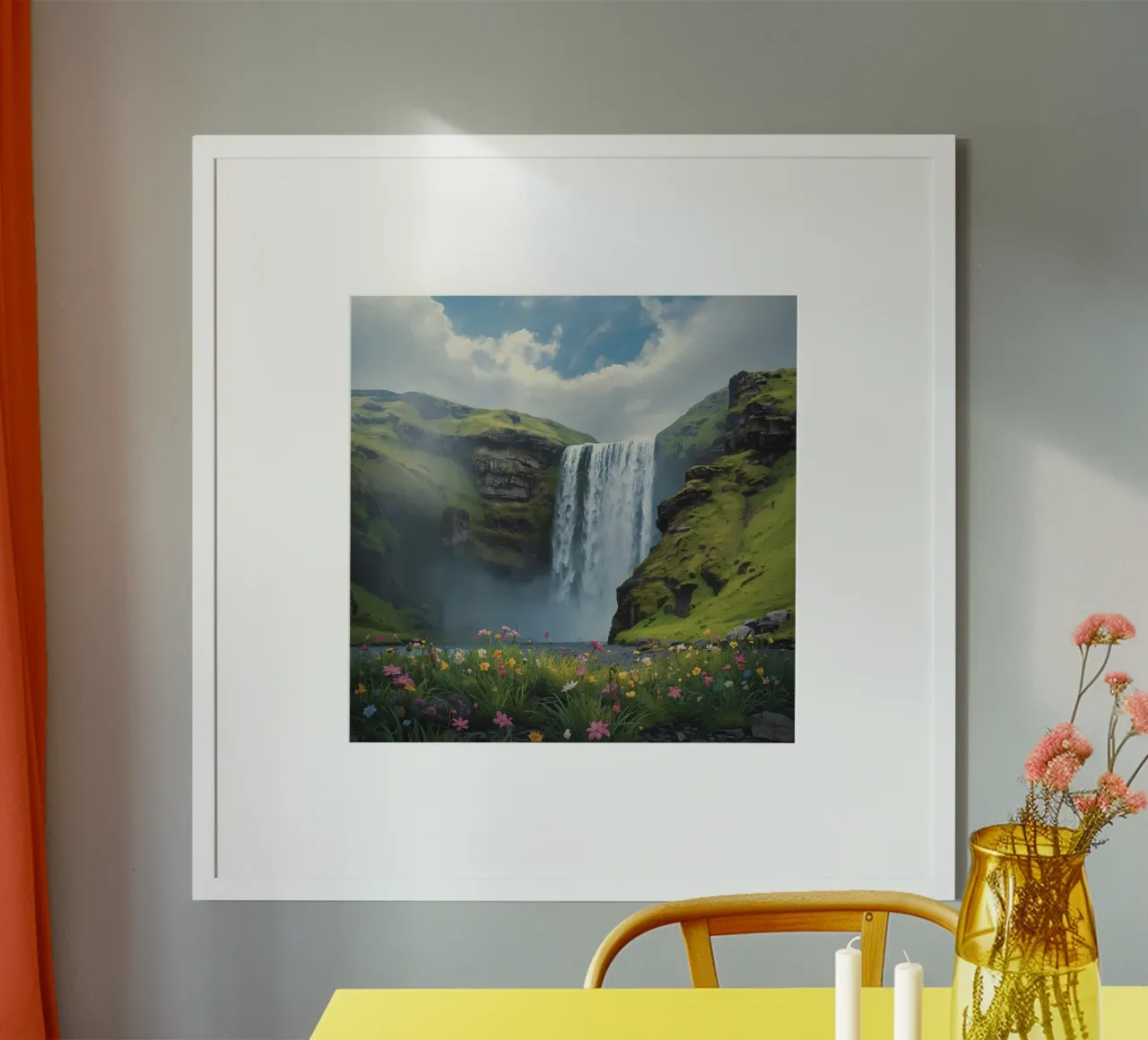 Cascata tra verdi colline con fiori selvatici poster con telaio in alluminio da DesignDoodle