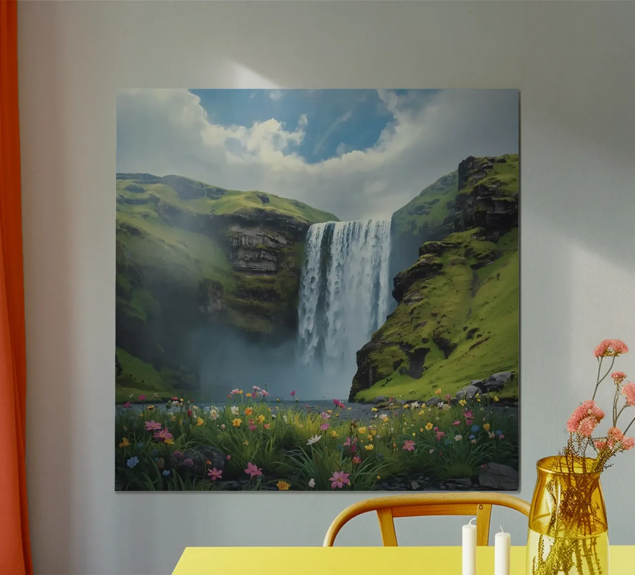 Cascata tra verdi colline con fiori selvatici poster con telaio in alluminio da DesignDoodle