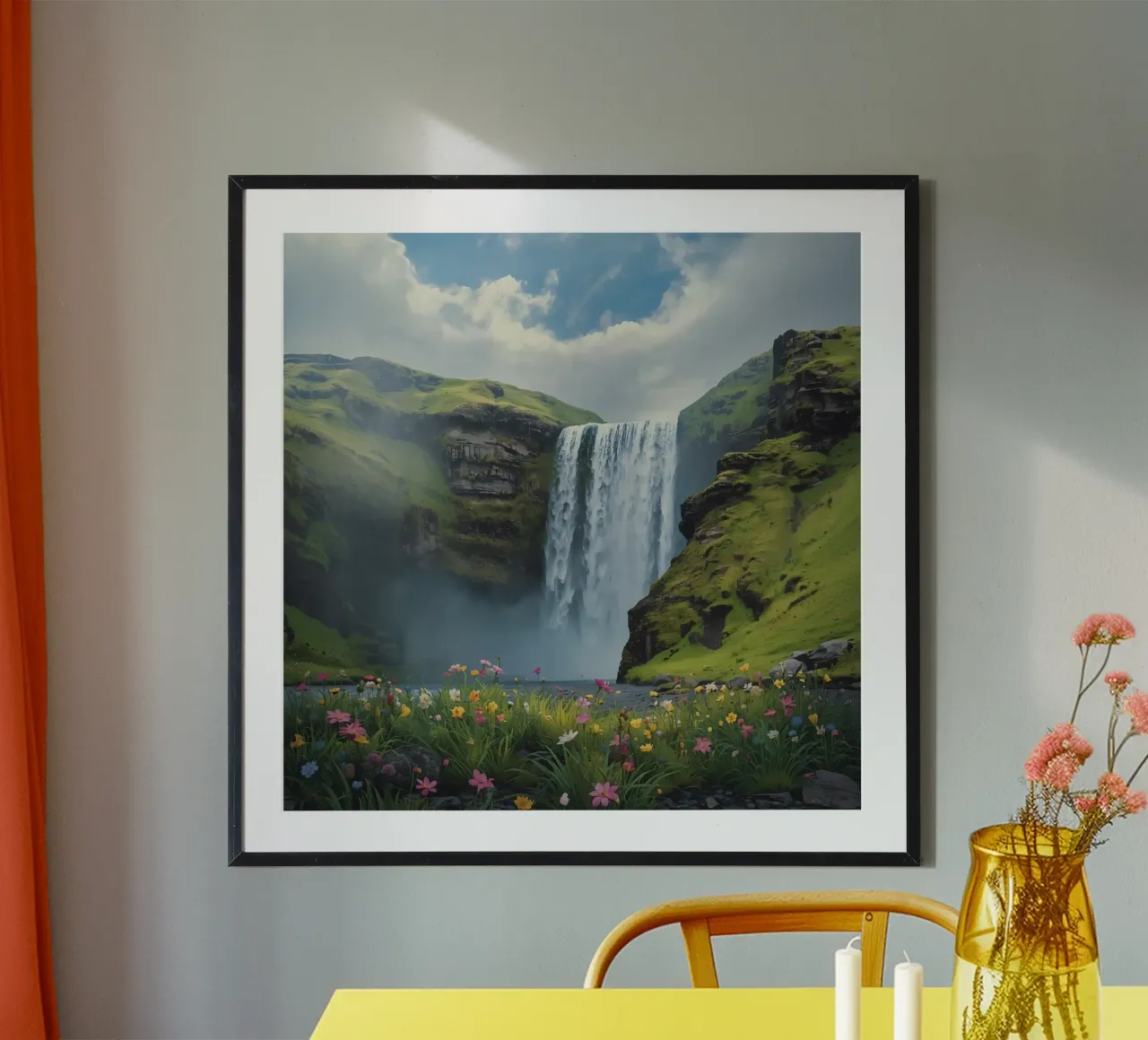 Cascata tra verdi colline con fiori selvatici poster con telaio in alluminio da DesignDoodle