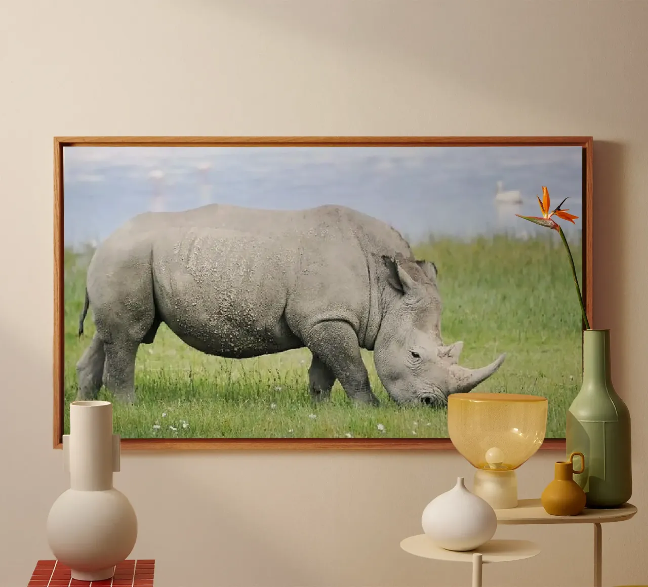 Grazing Rhino Strength in the Wild Badak canvas with Floater frame by jatikulon