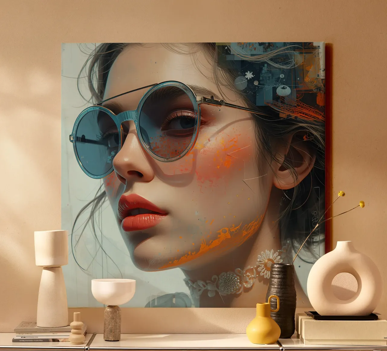 Retrato de mujer con gargantilla de gafas de sol y acentos abstractos lienzo con Marco flotante de DesignDoodle