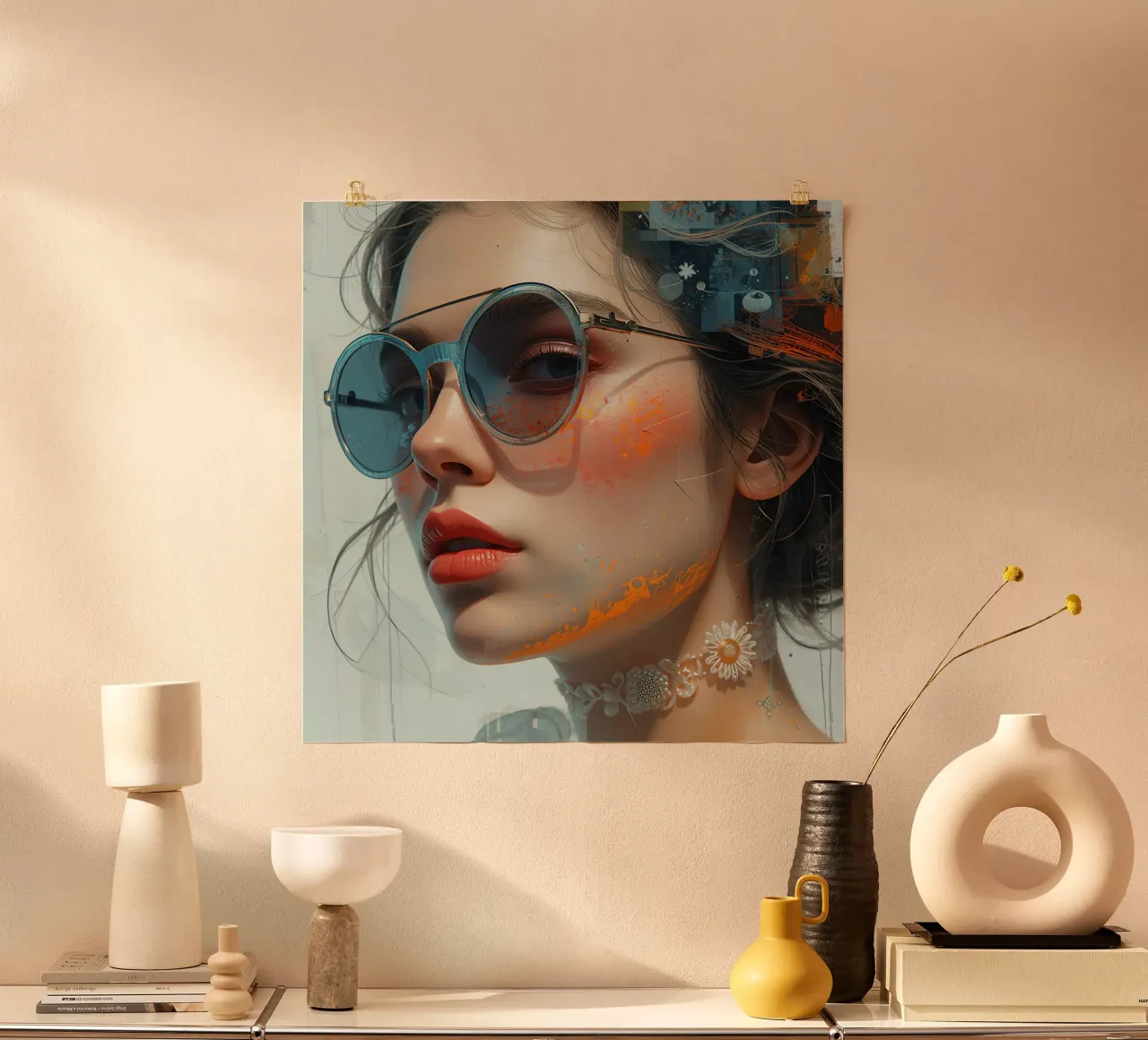 Ritratto di donna con occhiali da sole, girocollo e accenti astratti poster con telaio in alluminio da DesignDoodle