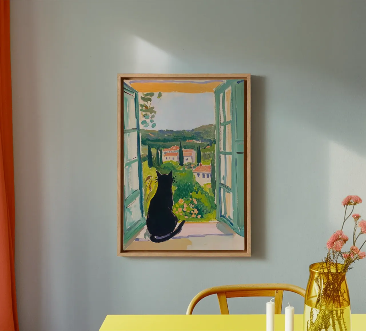 Black cat at the window - Matisse style canvas with Floater frame by Euphoria Theresa